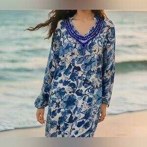 Embellished Floral V- Neckline Long Bell Sleeves Tunic Swimsuit Coverup Dress